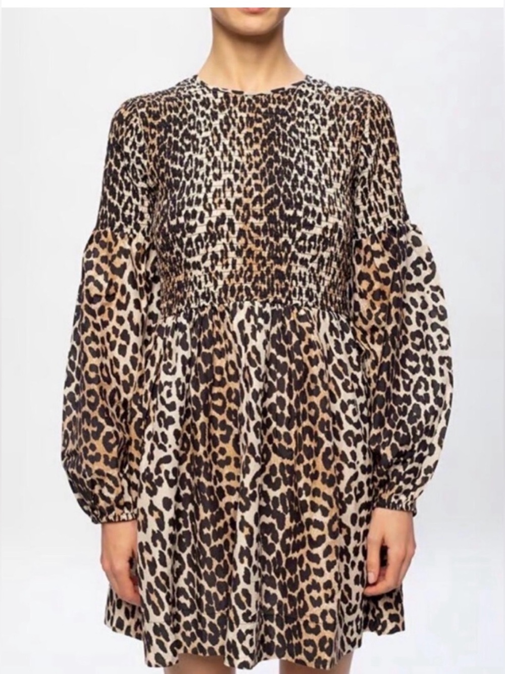 GANNI Leopard Print Smocked Mini Dress Brown & Black Size 40